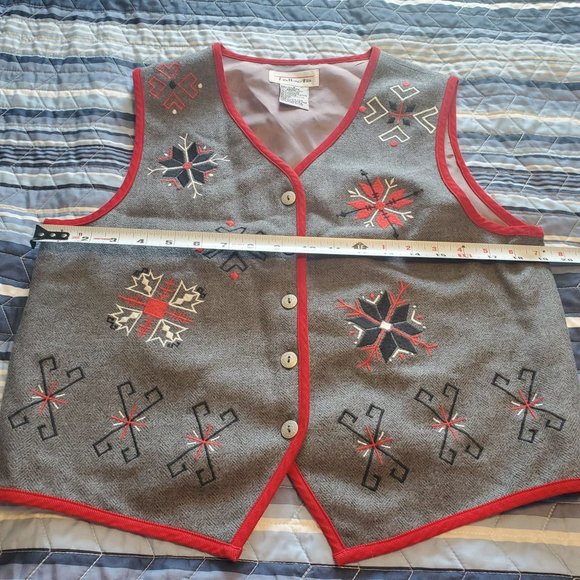 Vintage Talbots Sz S Wool Blend Vest Snowflake Holiday Gray Red Embroidered Y2K - Picture 8 of 10